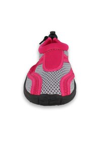 Mesh-Wasserschuh mit grauem Obermaterial, rosa Akzenten, elastischem Kragen und schwarzer Gummisohle. Leicht und atmungsaktiv im Design.