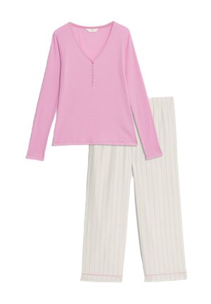 Roze langekleurige top met een V-hals en knoopdetails, gecombineerd met witte gestreepte pyjamabroeken, met een zachte textuur en een elastische tailleband.