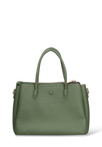 Borsa a mano in pelle verde con texture, due manici corti, dettagli in oro e chiusura con cerniera. Fodera interna liscia visibile all'apertura.