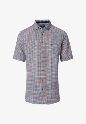 Koszula z krótkim rękawem w niebiesko-czerwono-białą kratę. Wykonana z lekkiego materiału, z kołnierzykiem zapinanym na guziki i kieszenią.