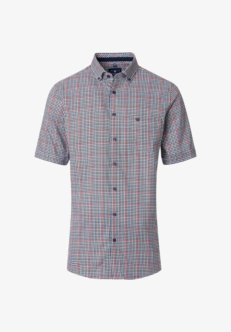 Koszula z krótkim rękawem w niebiesko-czerwono-białą kratę. Wykonana z lekkiego materiału, z kołnierzykiem zapinanym na guziki i kieszenią.