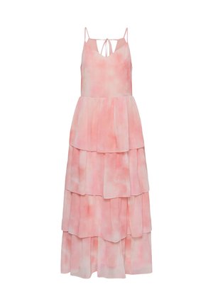 Ujjatlan rózsaszín tierelt maxiruha spagettipántokkal és hátul megkötős részlettel, lágy akvarell mintával.