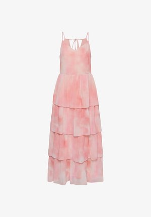 Varrukateta roosa kihiline maksikleit õhukeste spagetivarrukatega ja selja paelaga, millel on pehme akvarellimuster.