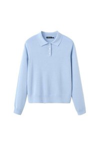 Hellblauer Pullover mit Polokragen, langen Ärmeln und drei Knöpfen. Aus weichem Stoff mit glatter Textur und im cropped Design.