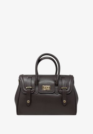 Borsa a mano in pelle marrone con un design strutturato, manici arrotondati doppi, accessori in tonalità oro e una superficie leggermente testurizzata.