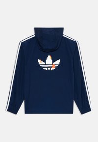 Navy hooded jacket with white side stripes. Features a pixelated flame-patterned logo on the back, made from lightweight material.