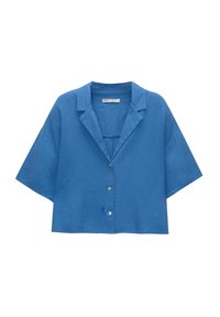 Sininen lyhyt hiha, joka on tehty kevyestä kankaasta. Siinä on lovellinen kaulus ja etupuolella kaksi nappia sulkemista varten.