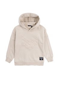 Felpa con cappuccio beige caratterizzata da un logo a V testurizzato sul davanti, polsini e orlo a costine, e un'etichetta di tessuto in basso a sinistra.