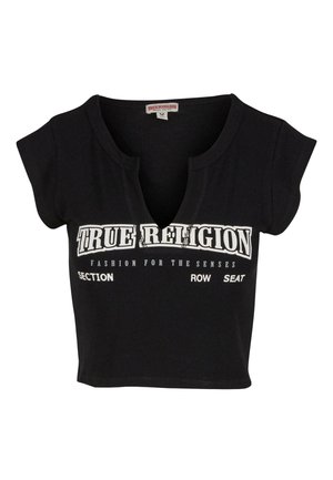Svart kortärmad t-shirt i ribbat tyg. Har en V-ringning och korta ärmar. Trycket på framsidan inkluderar "TRUE RELIGION" och ytterligare text.