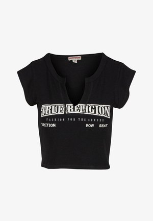 Svart kortärmad t-shirt i ribbat tyg. Har en V-ringning och korta ärmar. Trycket på framsidan inkluderar "TRUE RELIGION" och ytterligare text.