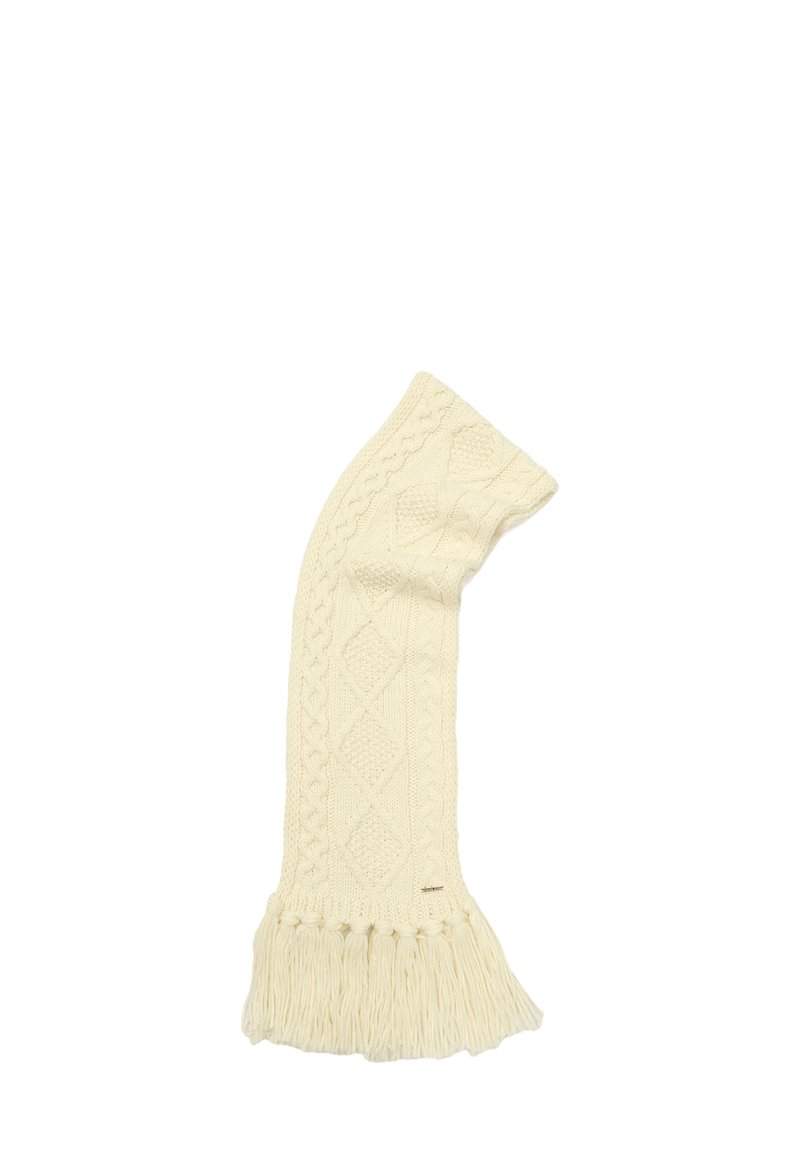 Sciarpa lavorata a maglia color crema con motivi a treccia e a diamante, con frange lunghe a un'estremità e un design texture su tutta la superficie.
