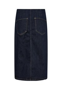 Mörk denim blyertskjol med en figurnära silhuett, som har två bakfickor, synlig sömnad och en fåll som slutar strax ovanför knäet.