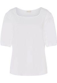 Top bianco a maniche corte con scollatura quadrata. Realizzato in un tessuto morbido con una vestibilità leggermente rilassata e maniche a sbuffo arricciate.