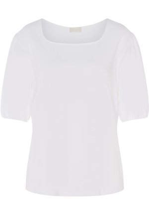 Witte top met korte mouwen en een vierkante halslijn. Gemaakt van zachte stof met een iets relaxte pasvorm en geplooide puffmouwen.