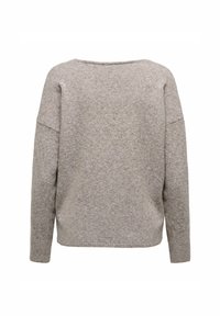 Sweater en tricot beige avec une coupe décontractée, un col large et des manches longues. Le tissu semble doux avec une texture subtile et sans motifs visibles.