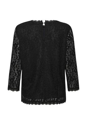 Fekete csipke felső ¾-es ujjakkal, fodros aljjal és mandzsettákkal, kulcslyuk hátkivágással és virágmintával az egész felületen.