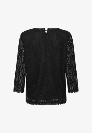 Fekete csipke felső ¾-es ujjakkal, fodros aljjal és mandzsettákkal, kulcslyuk hátkivágással és virágmintával az egész felületen.