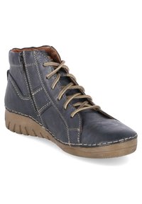 Blue leather ankle boots with a textured finish, featuring a side zipper, light brown laces, and a rubber sole with ridged pattern.