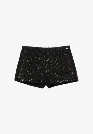 Črne kratke hlače s srebrnimi palčkami, ki imajo mehak otip, z elastičnim pasom in prilegajočim se dizajnom. Tkanina je gosto prekrita z sijočimi palčkami.