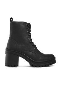 Black ankle boots with a chunky block heel, made of textured synthetic leather, featuring lace-up front, metal eyelets, and rugged sole.