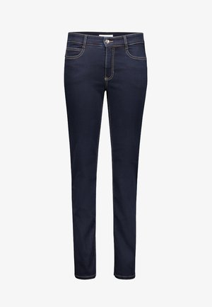 Dunkelblaue Jeans mit geradem Schnitt, Fünf-Taschen-Design und kontrastierenden gelben Nähten. Verfügt über einen Frontknopfverschluss und Gürtelschlaufen.