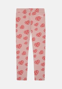 Rosa leggings med ett heltäckande mönster av röda hjärtan, med FILA-logotypen i matchande färger. Åtsittande design och slät textur.