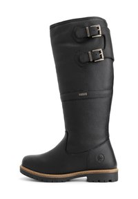 Hoge zwarte leren laars met twee verstelbare gespbandjes nabij de bovenkant, een gestructureerd oppervlak en een bruin gestikte zool.