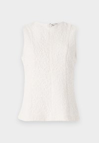 Haut blanc sans manches en tissu texturé floral avec fermeture éclair au dos, présenté sur un fond clair uni.