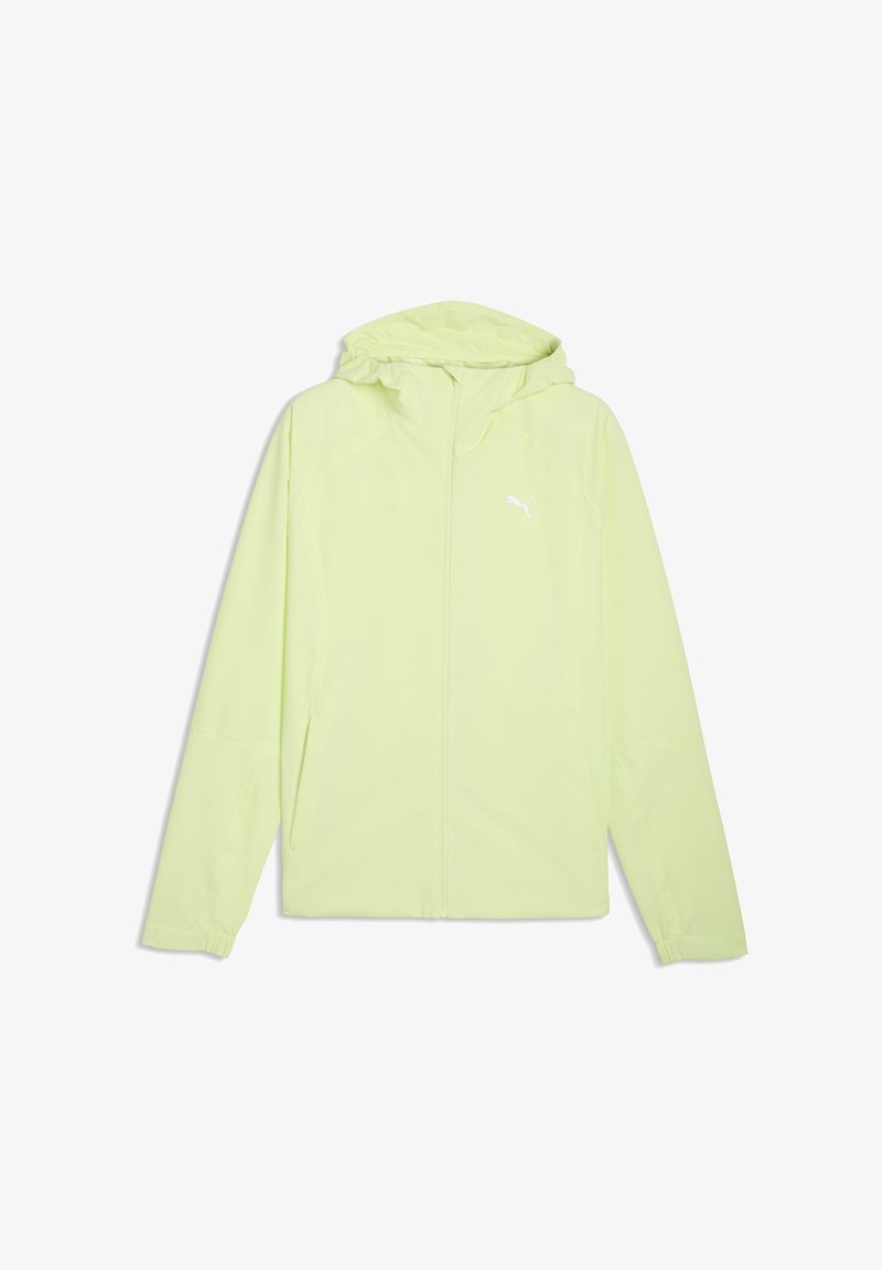 Φωτεινό κίτρινο μπουφάν με κουκούλα, κατασκευασμένο από λείο, ελαφρύ υλικό. Διαθέτει φερμουάρ μπροστά, πλαϊνές τσέπες και λευκό λογότυπο στο αριστερό μέρος του στήθους.