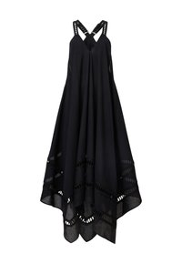 Czarna sukienka bez rękawów z głębokim dekoltem w kształcie litery V, krzyżującymi się ramiączkami, zwiewną sylwetką oraz falbaniastym dołem z koronkowymi akcentami. Lekka tkanina.
