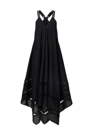Sort skuldretop kjole med dyb V-hals, krydsede stropper, flydende silhuet og en bølget kant med blondeaccenter. Letvægtsstof.