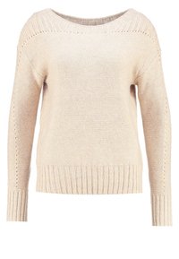 Cremfarbener Strickpullover mit langen Ärmeln, gerippten Bündchen und Saum, der strukturierte Maschenmuster an den Ärmeln und Schultern aufweist.