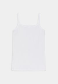 White sleeveless tank top made of soft material, featuring thin straps and a round neckline. Straight cut with hemmed edges.