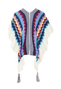 Poncho lavorato a maglia multicolore con righe a zigzag in blu, viola, rosso, giallo e bianco, caratterizzato da un collo a V centralmente rigato e frange.