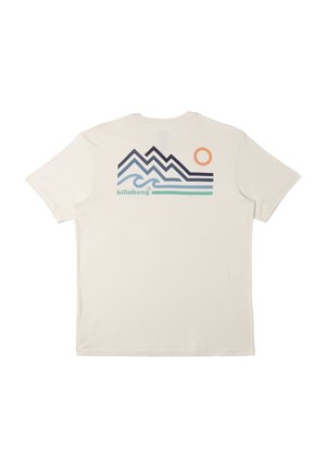 Cream-colored cotton t-shirt featuring a mountain and wave graphic in navy, light blue, and mint, with an orange sun on the upper right.