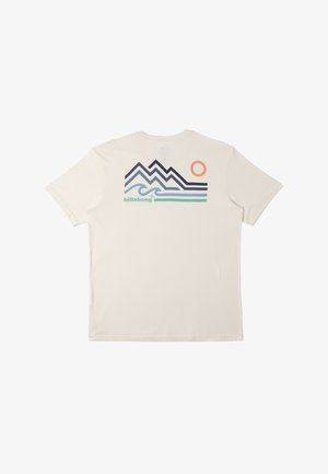 Cream-colored cotton t-shirt featuring a mountain and wave graphic in navy, light blue, and mint, with an orange sun on the upper right.