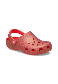 Red glittery clogs with ventilation holes, a rear heel strap, and textured surface. Sole is slightly raised for comfort and stability.