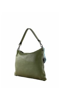 Borsa a spalla verde in pelle con superficie testurizzata, una sola tracolla e un dettaglio blu sul lato. Chiusura con zip, struttura morbida.