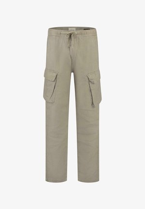 Beige cargo bukser med elastisk talje, snørelukning og to sidelommer. Fremstillet af letvægtsstof med en glat tekstur.