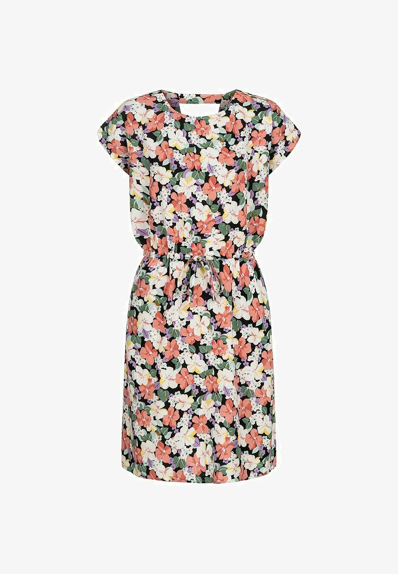 Blumenkleid mit kurzen Ärmeln, das einen schwarzen Hintergrund zeigt, der mit großen rosa, weißen und grünen Blumen verziert ist, sowie einem verstellbaren Taillenzug.