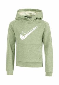 Felpa verde chiaro realizzata in tessuto testurizzato, con il logo Nike bianco sulla parte anteriore, tasca a canguro e cappuccio con cordino.