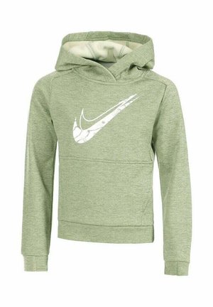 Hoodie vert clair en tissu texturé, avec un logo Nike blanc sur le devant, doté d'une poche kangourou et d'une capuche à cordon.