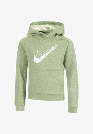 Sudadera verde claro hecha de una tela texturizada, con un logo blanco de Nike en la parte delantera, bolsillo tipo canguro y capucha con cordón.