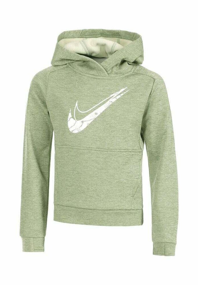 Felpa verde chiaro realizzata in tessuto testurizzato, con il logo Nike bianco sulla parte anteriore, tasca a canguro e cappuccio con cordino.