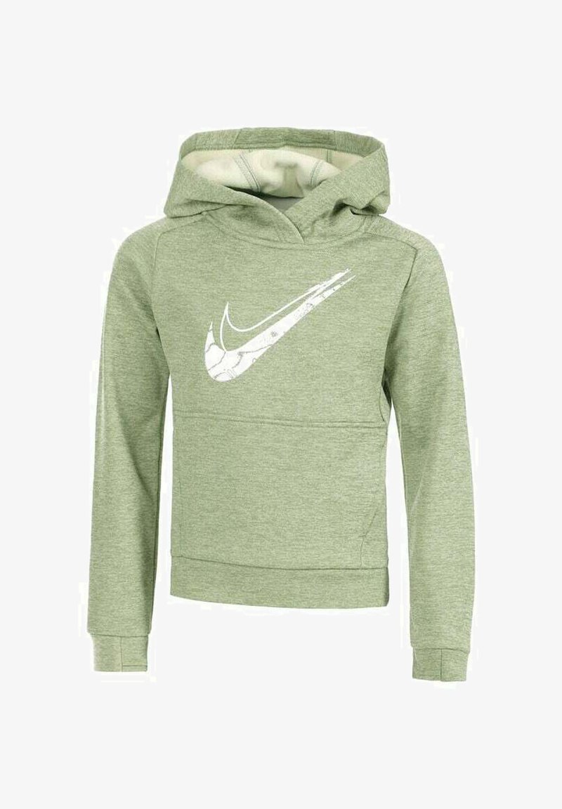 Sudadera verde claro hecha de una tela texturizada, con un logo blanco de Nike en la parte delantera, bolsillo tipo canguro y capucha con cordón.