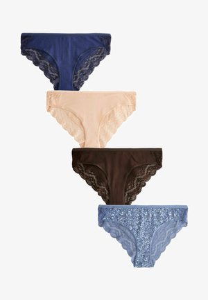 Four pairs of women's panties: dark blue, light beige, dark brown, and light blue. All feature lace trim and varied patterns on the fabric.