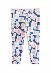 Leggings realizzati in tessuto elastico, con uno sfondo blu e motivi di cartoline colorate e floreali in rosa, verde e beige.