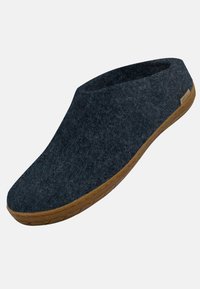 Dark gray felt slipper with a rounded toe, flexible design, and a soft texture. Features a brown rubber sole for durability and grip.