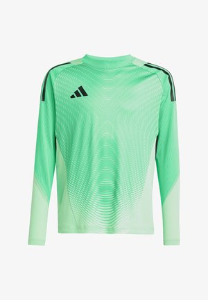 Maglietta sportiva a maniche lunghe di colore verde chiaro con accenti neri. Presenta un motivo testurizzato, scollatura rotonda e una silhouette aderente.