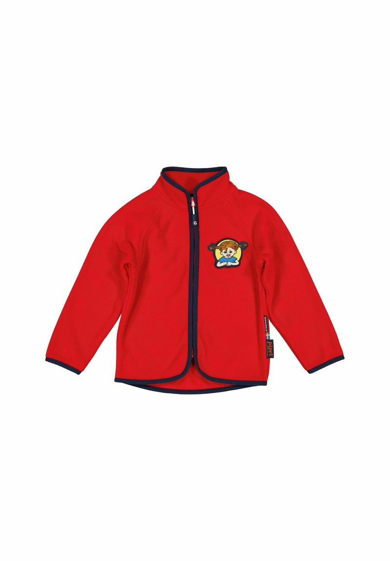 Rød fleecejakke med en marineblå lynlås og kant. Udstyret med et farverigt broderet design af en figur på brystet. Lange ærmer.